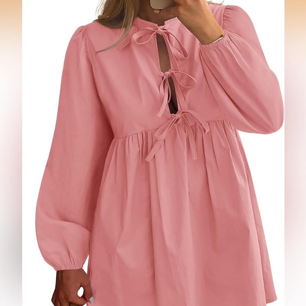 Pink Cotton bow front long sleeve mini dress,puff sleeve, spring, preppy - Picture 1 of 7